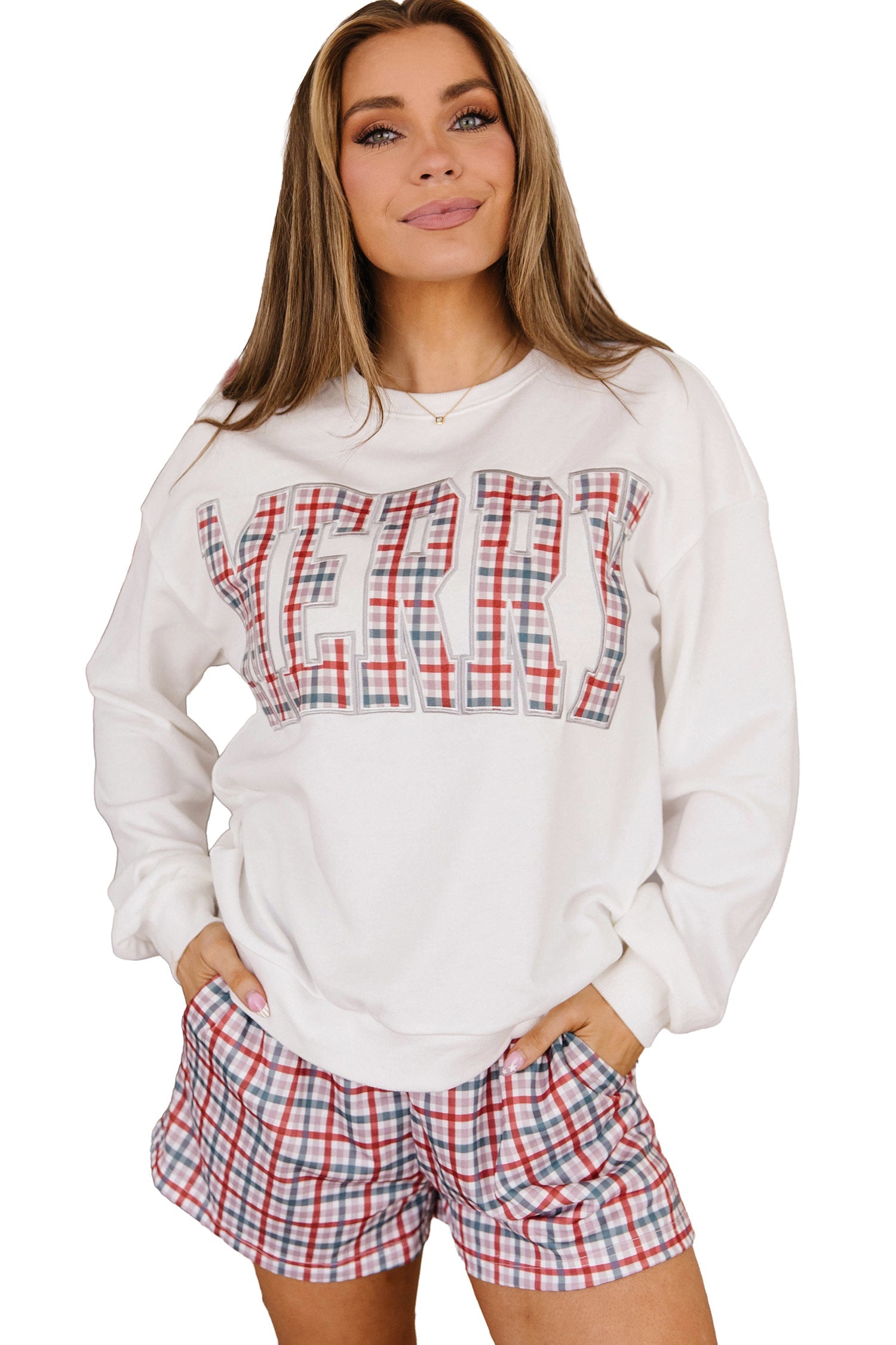Multicolour Plaid MERRY Holiday Long Sleeve Top and Shorts Set