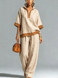 Full Size Contrast Trim Top and Wide Leg Pants Set Plus Size
