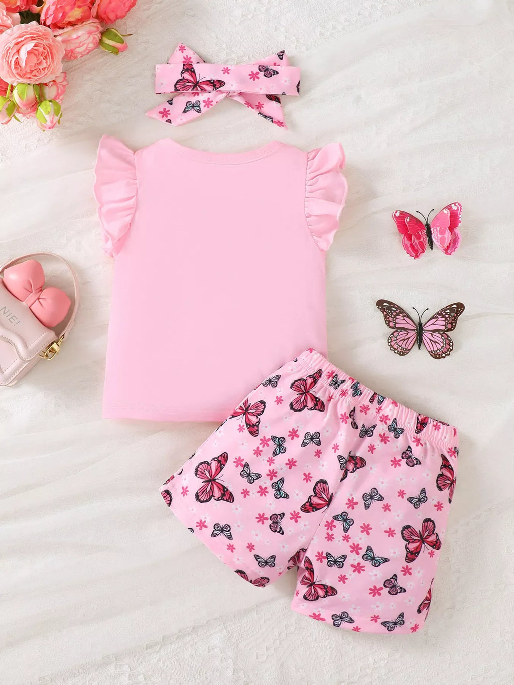 Children's Ruffled Butterfly T-Shirt and Shorts Set with Headband