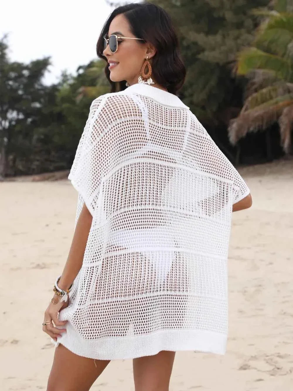Hollow Out Collared Neck Openwork Sheer Cover-Up