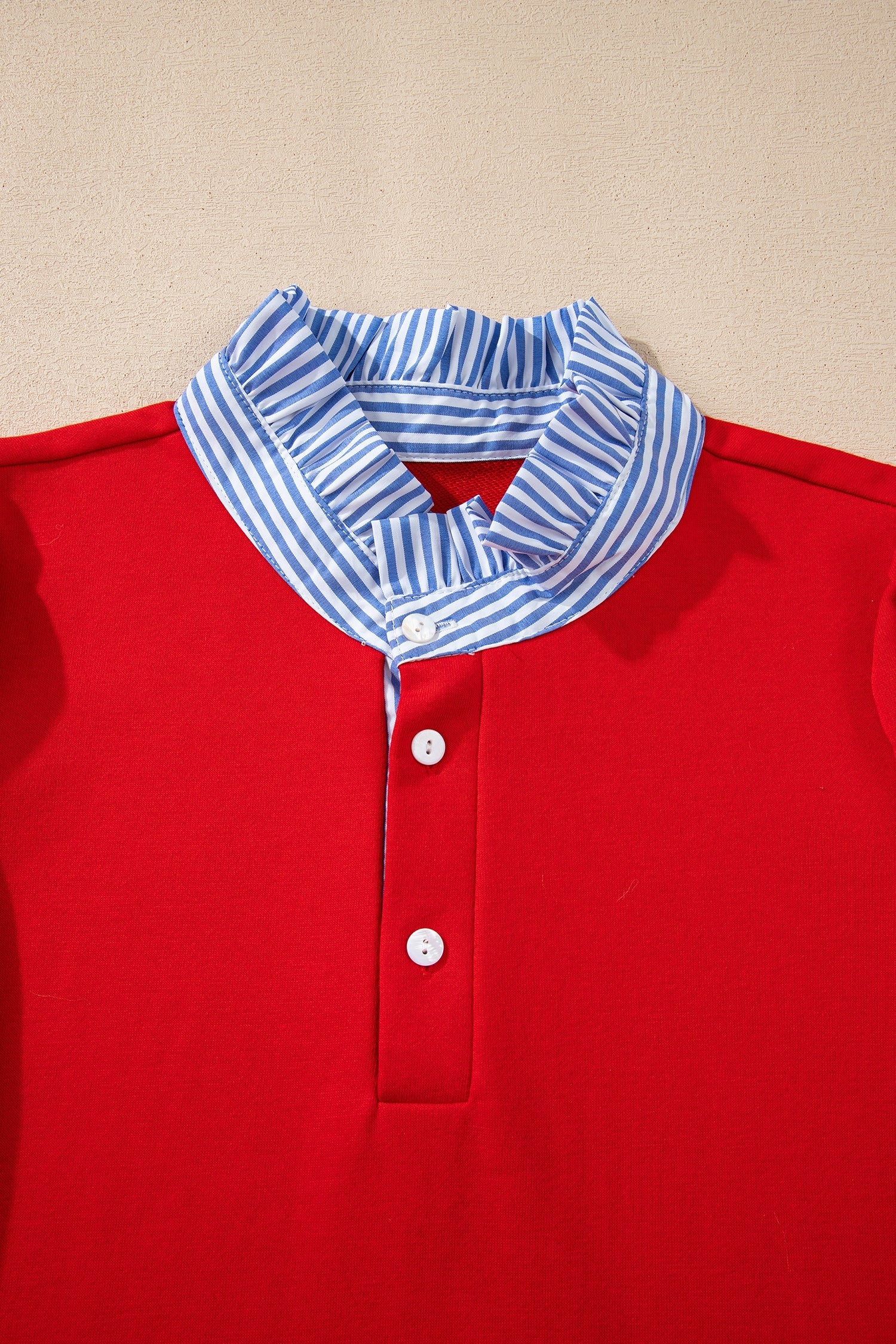 Fiery Red Contrast Striped Collar Patchwork Puff Sleeve Ruffle Hem Mini Dress