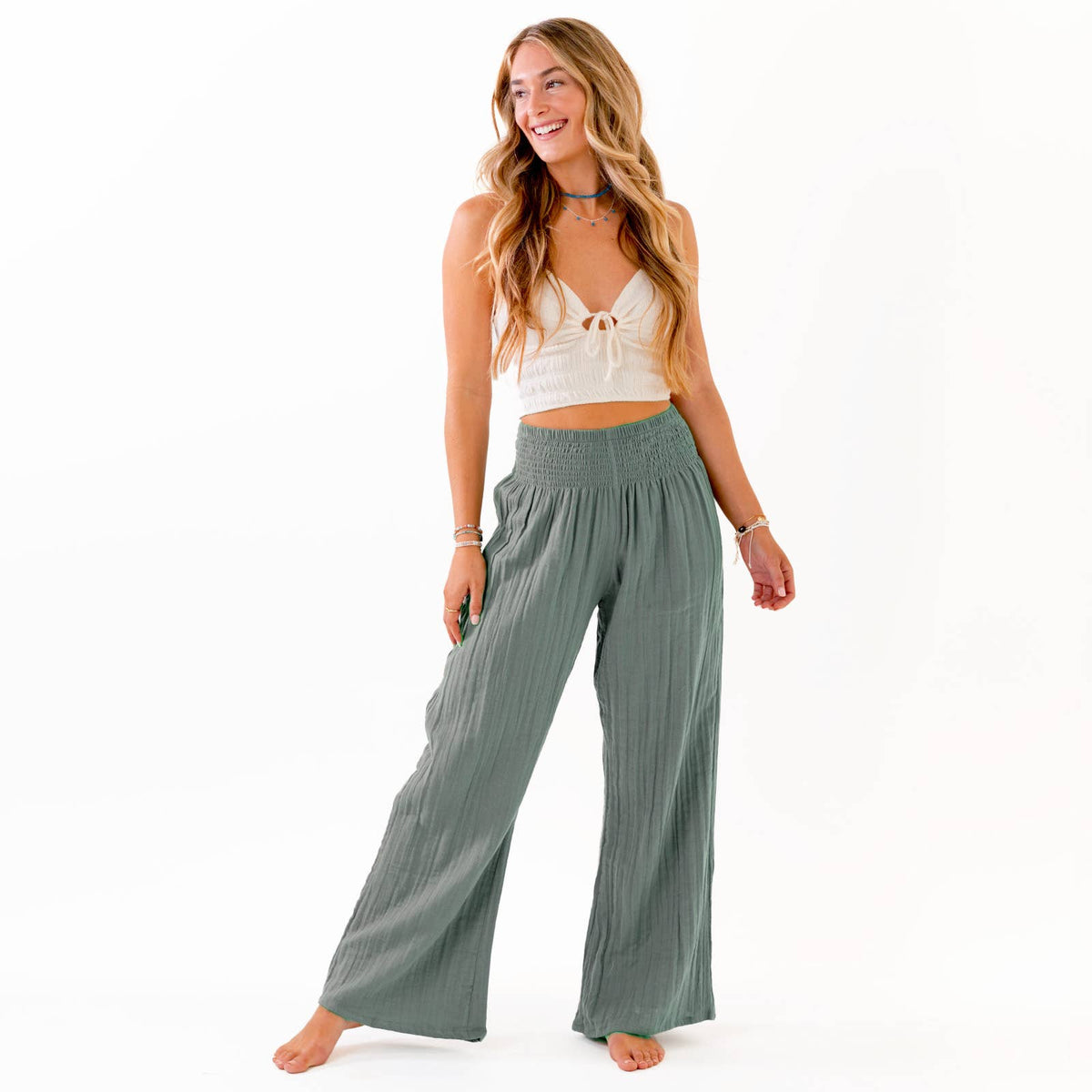 Sage Escape Wide-Leg Cotton Pants