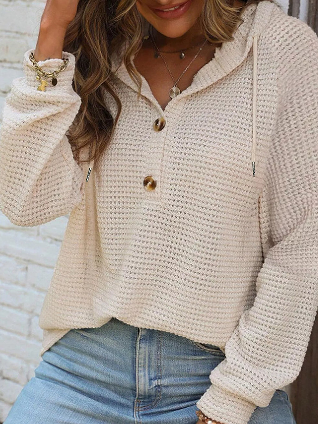 Waffle Knit Hooded Top with Drawstring
