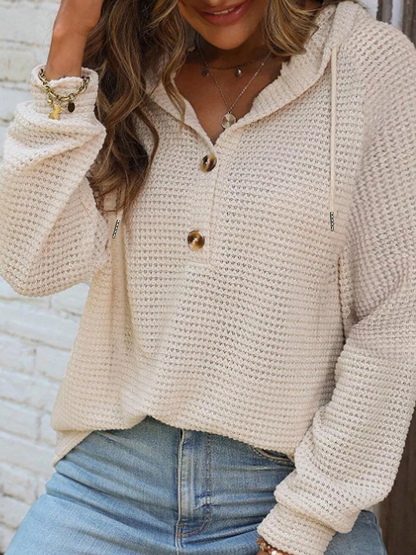 Waffle Knit Hooded Top with Drawstring