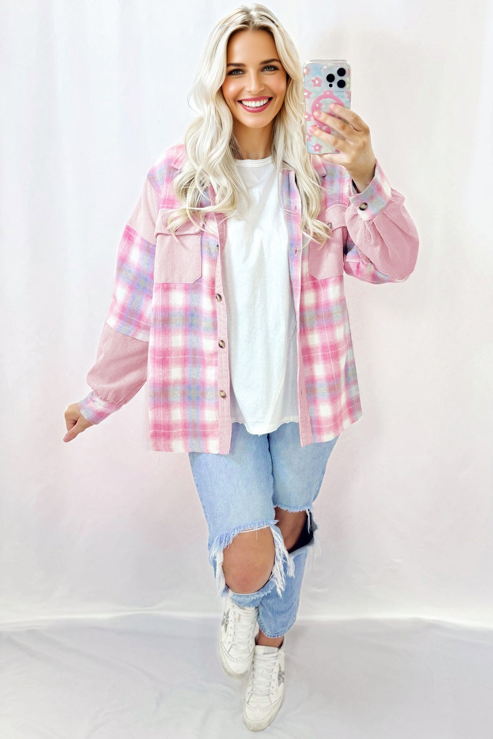 Plaid Corduroy Patchwork Flap Pocket Shacket