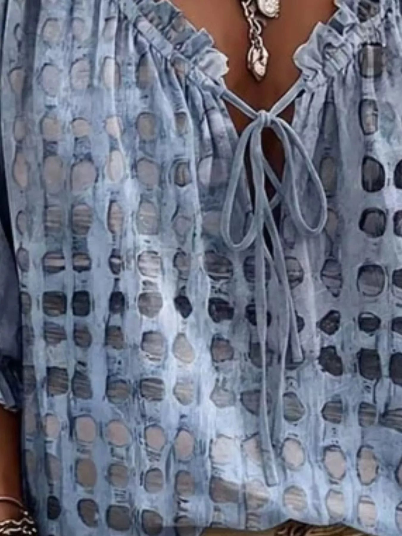 Full Size Tie Neck 3/4 Sleeve Blouse Plus Size
