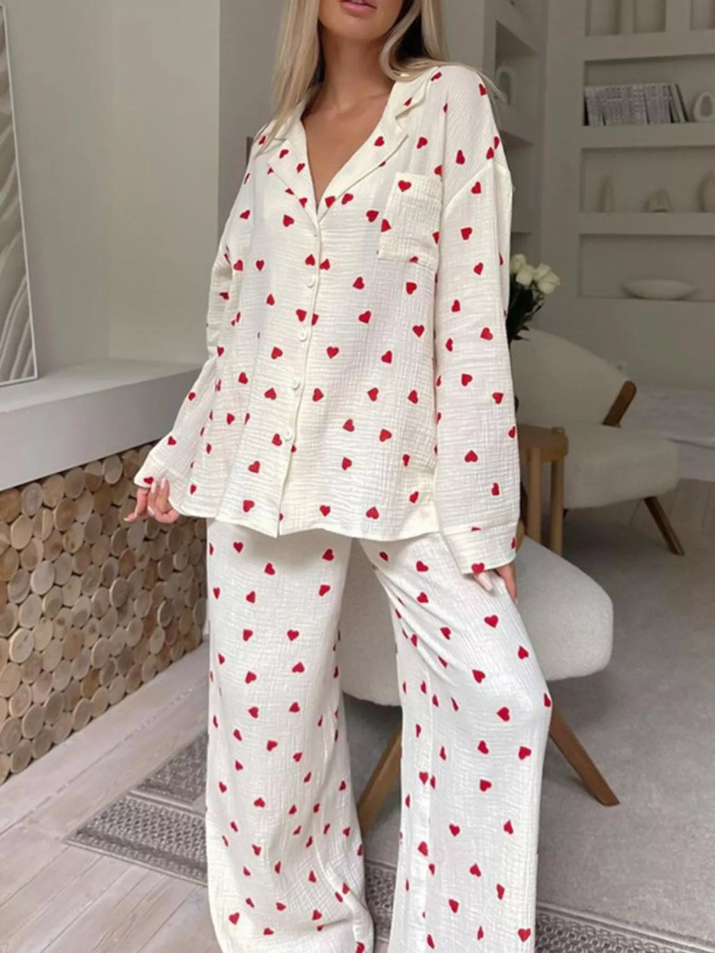 Heart Print Long Sleeve Top and Pants Lounge Set