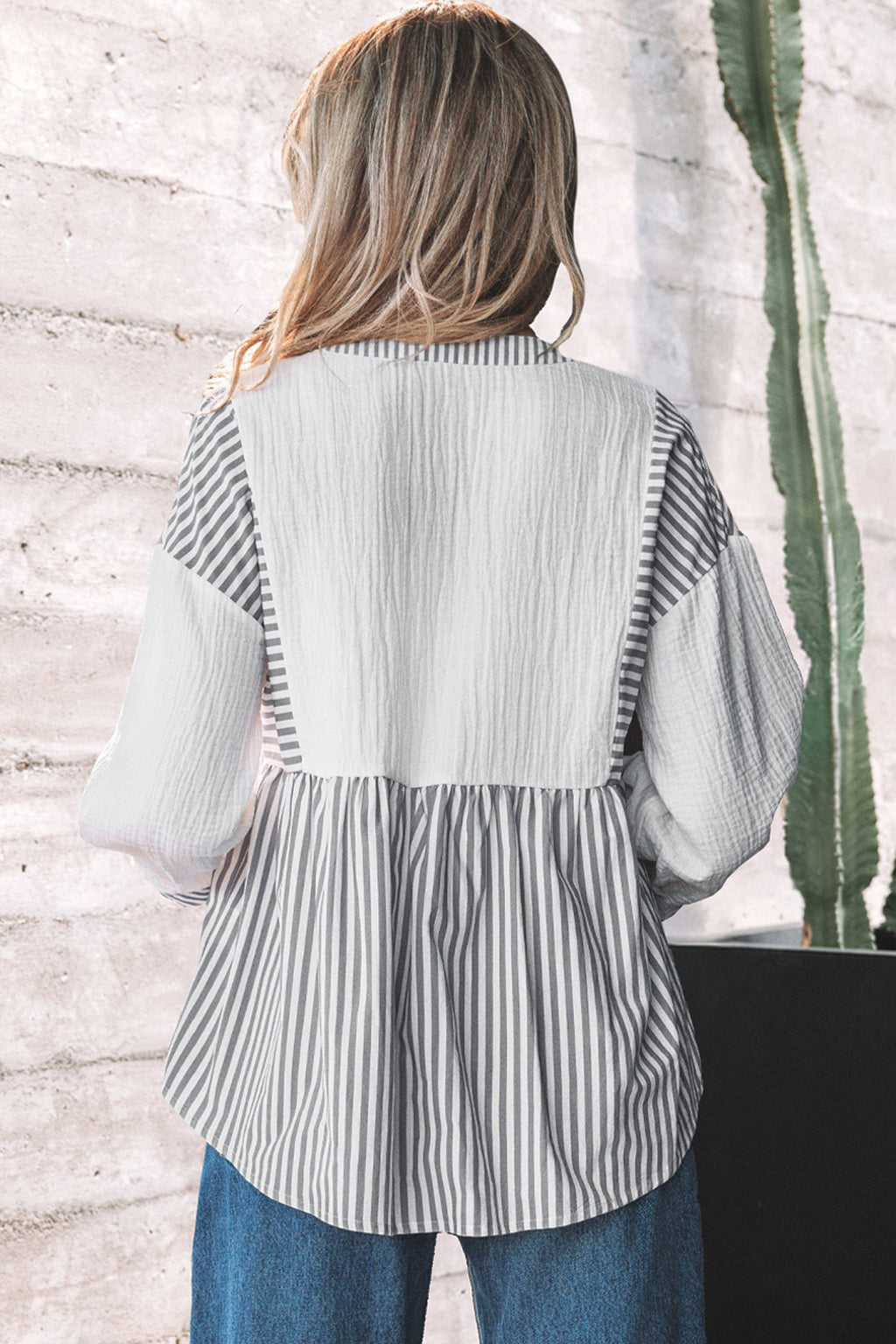 Gray Stripe Half Button Gauze Patchwork Bracelet Sleeve Babydoll Blouse