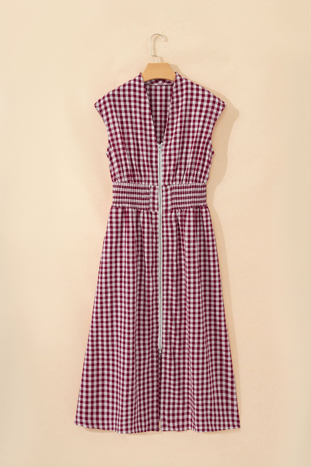 Red Plaid Print Full Zipper Cinched Waist Fit Flare Sleeveless Maxi Dress