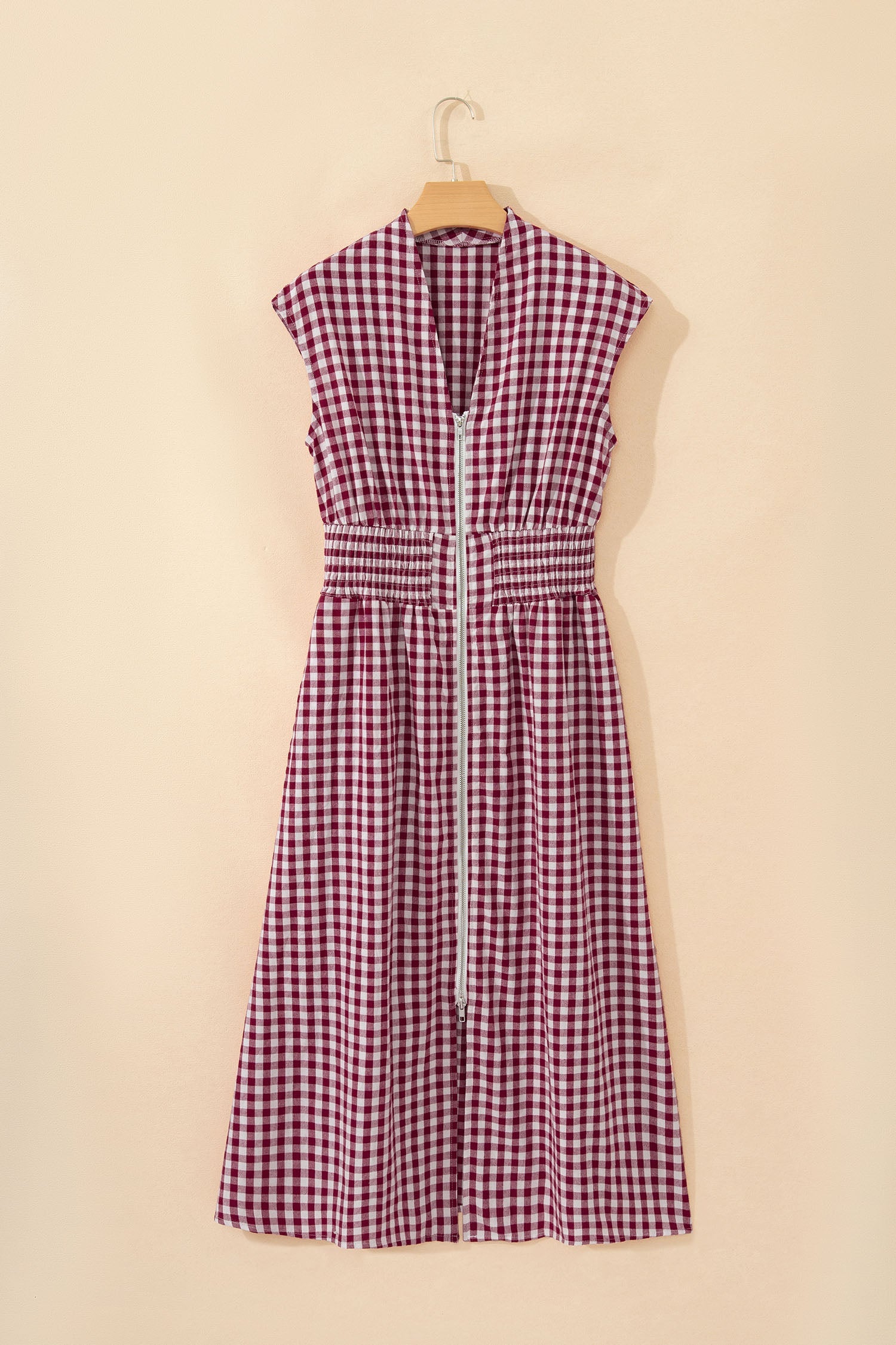 Red Plaid Print Full Zipper Cinched Waist Fit Flare Sleeveless Maxi Dress
