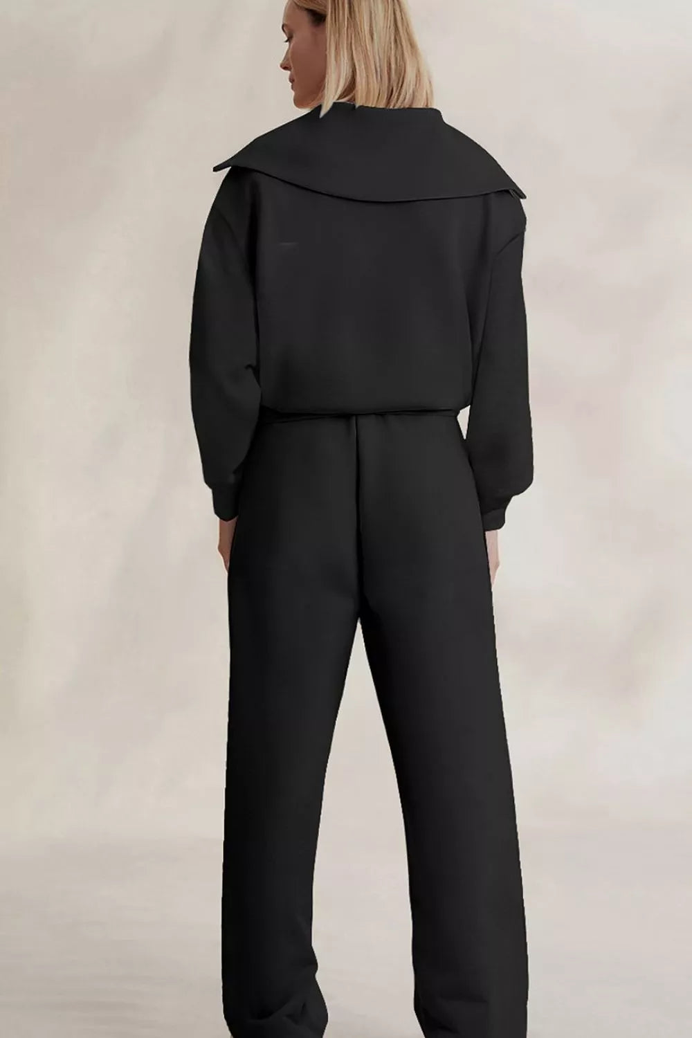 Solid Zip Sailor Collar Pullover Athleisure Sweatpants 2pcs Set