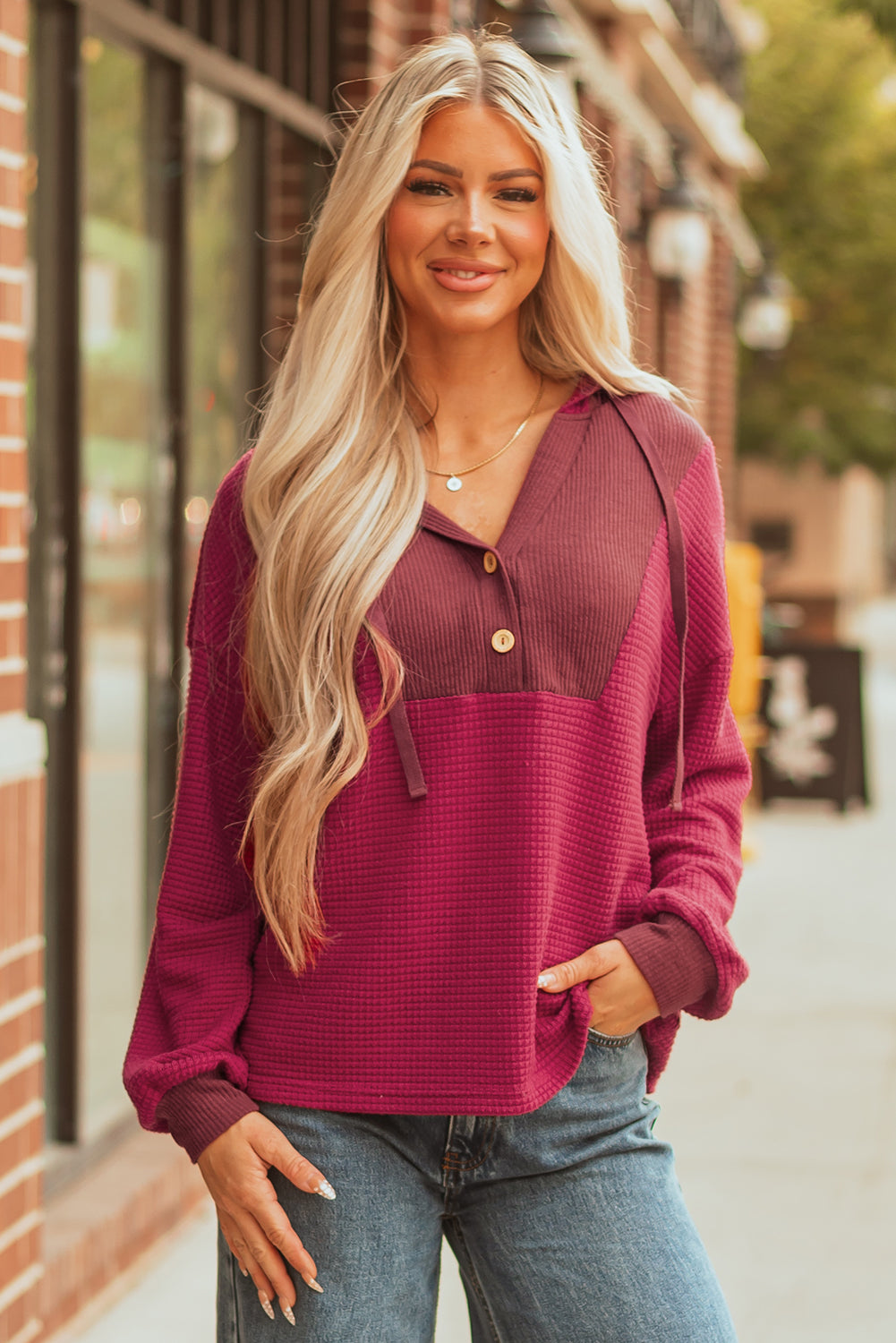 Racing Red Waffle Patchwork Drop Shoulder Hooded Long Sleeve Top