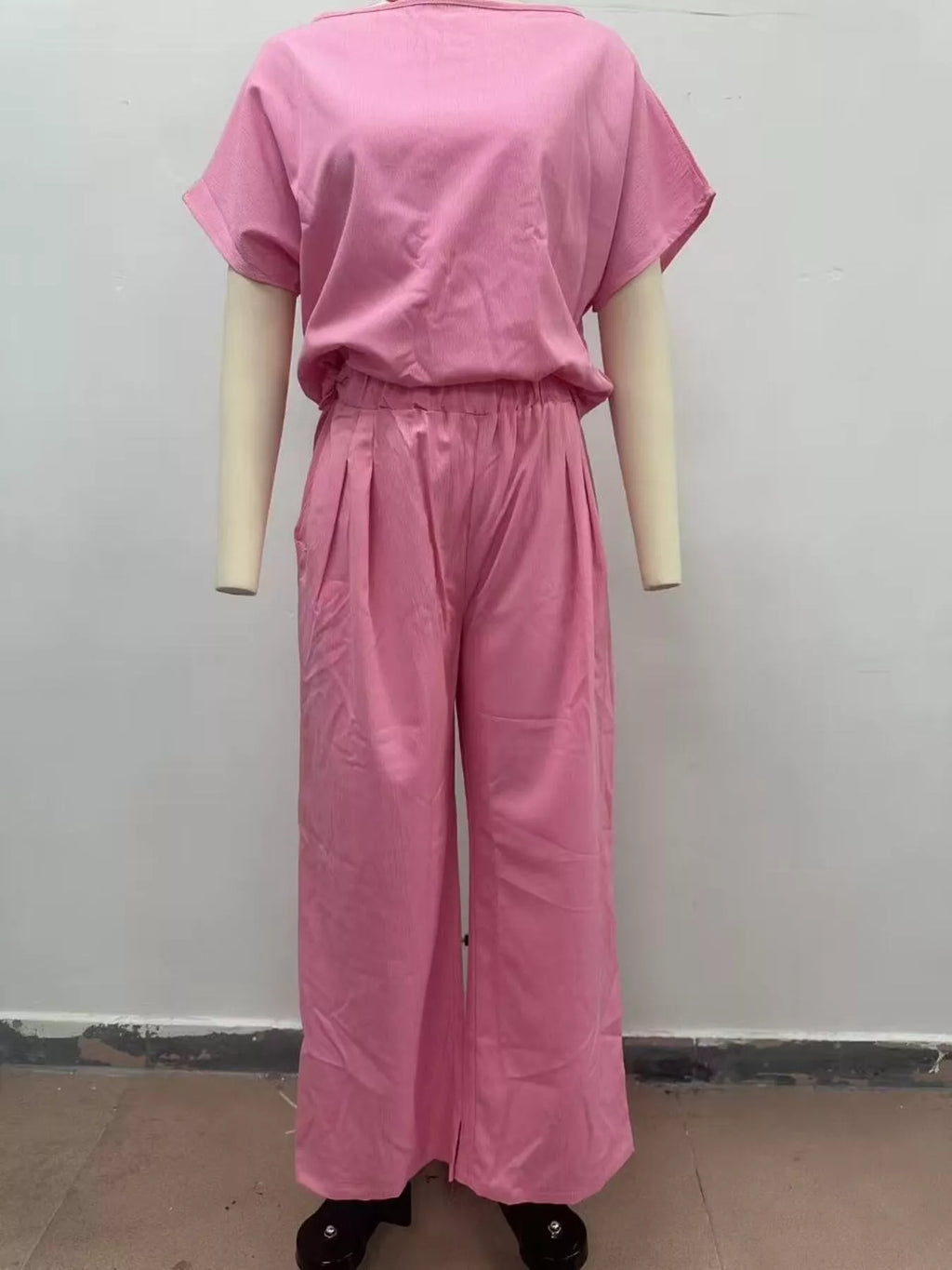 Full Size Solid Color Top and Wide-Leg Pants Set Plus Size
