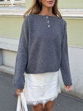 Button-Placket Round Neck Drop Shoulder Knit Top