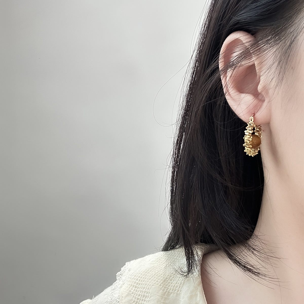 Copper-plated Real-gold Tiny Silver Cat-eye Stone Hoop Earrings Ear Rings And Ear Accessories