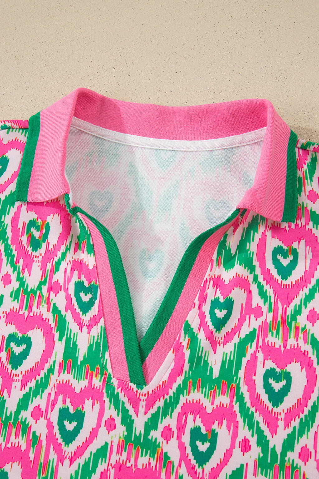 Green Abstract Heart In Heart Print Striped Trim Polo Collar Short Sleeve Blouse