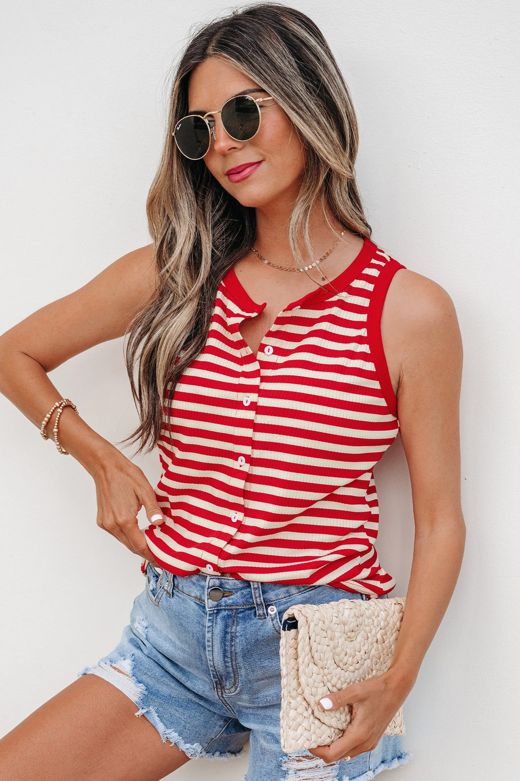 Red Stripe Buttoned Ribbed Knit Tank Top