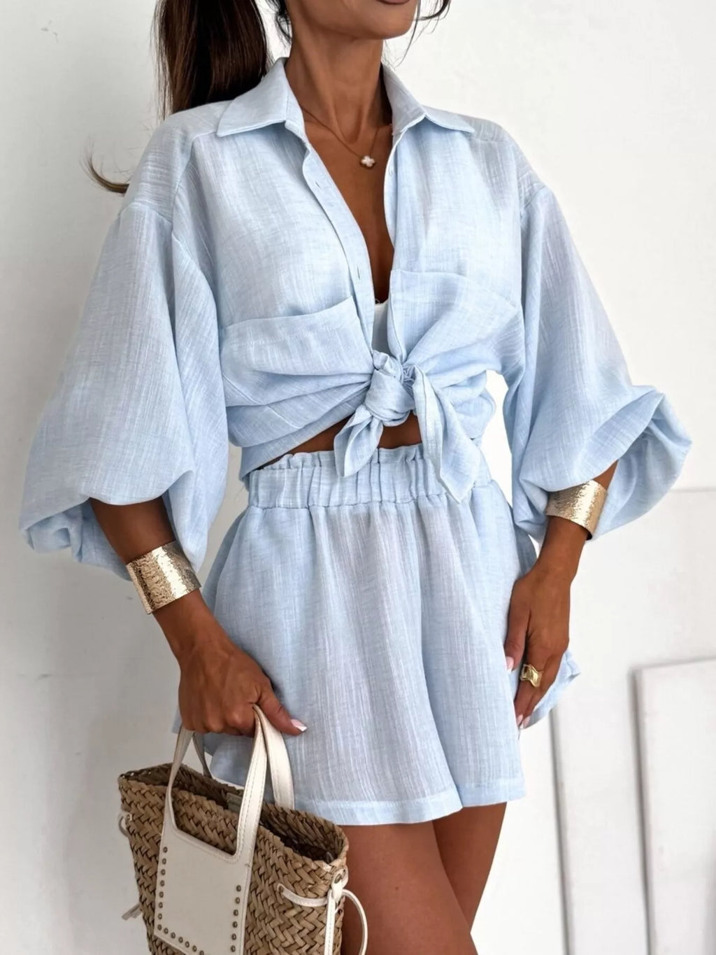 Long Sleeve Shirt and High-Waisted Shorts Set