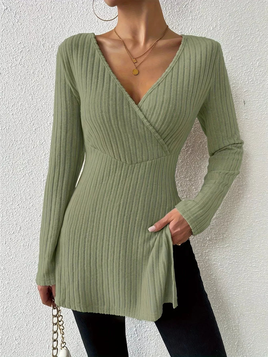 Ribbed Knit Long Sleeve Wrap T-Shirt