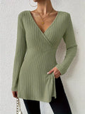 Ribbed Knit Long Sleeve Wrap T-Shirt