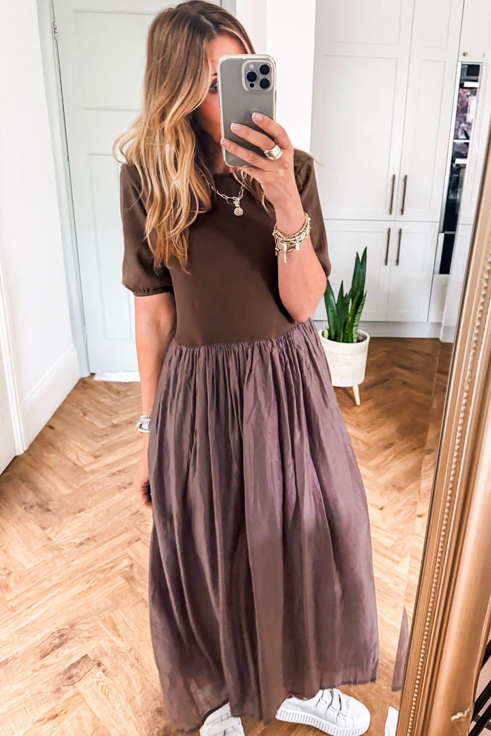 Coffee Short Sleeve Knit Top Patchwork Pleated Long Dress