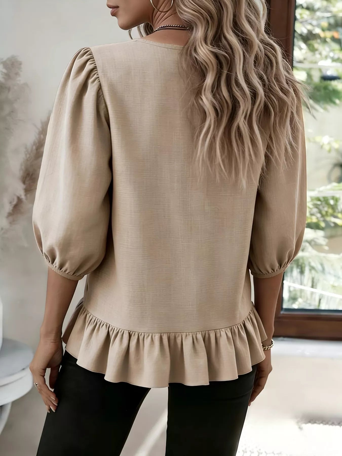 Casual Puff Sleeve Ruffle Hem Blouse