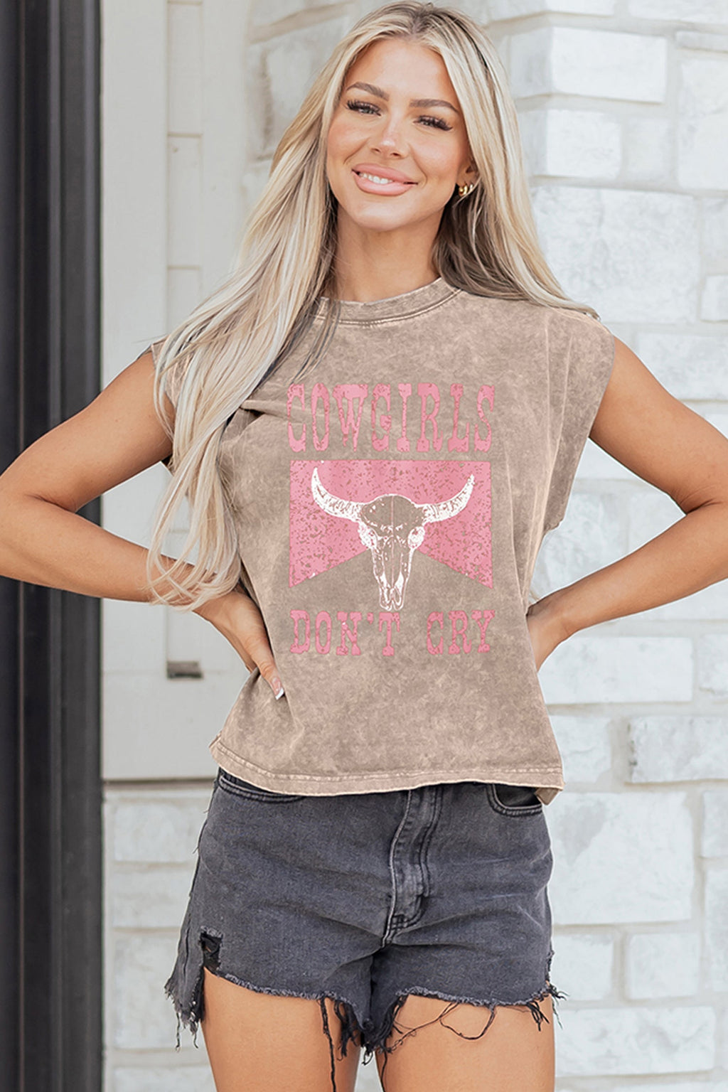 Smoke Gray COWGIRLS DONT CRY Western Graphic Mineral Wash Tank Top