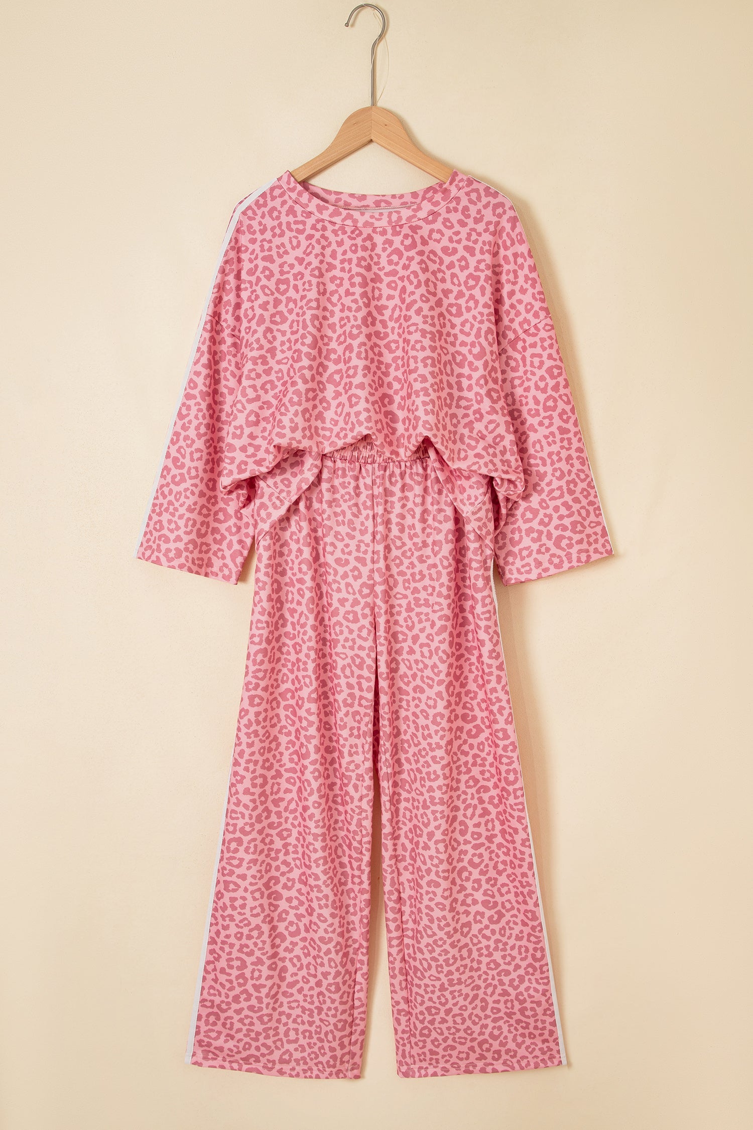 Pink Leopard Print Varsity Striped Detail 3/4 Sleeve Top Shift Pant Set