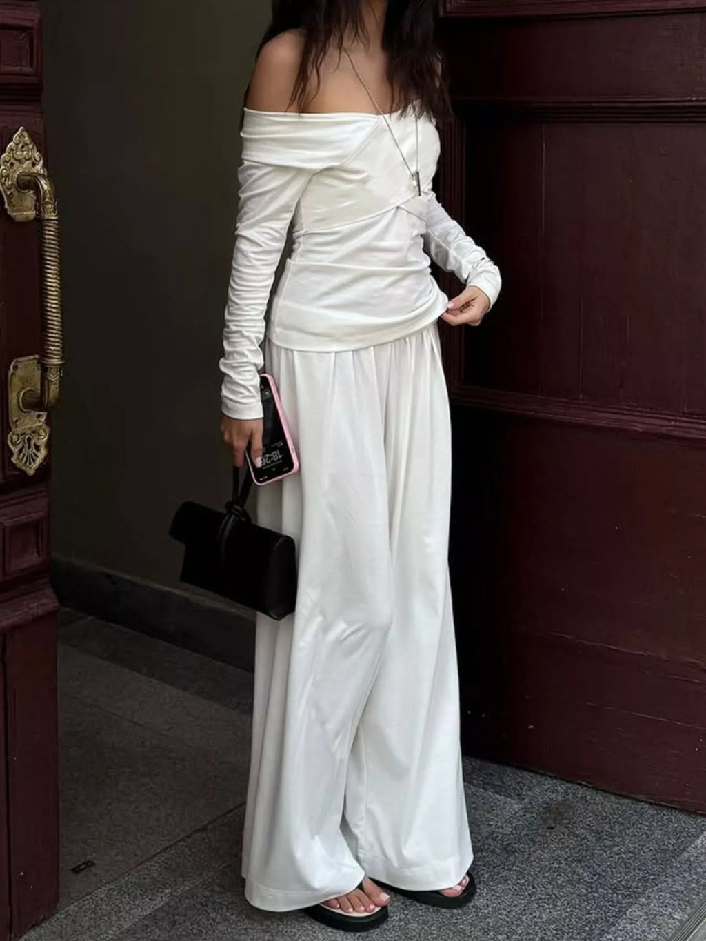 Off-Shoulder Long Sleeve Top and Wide-Leg Pants Set