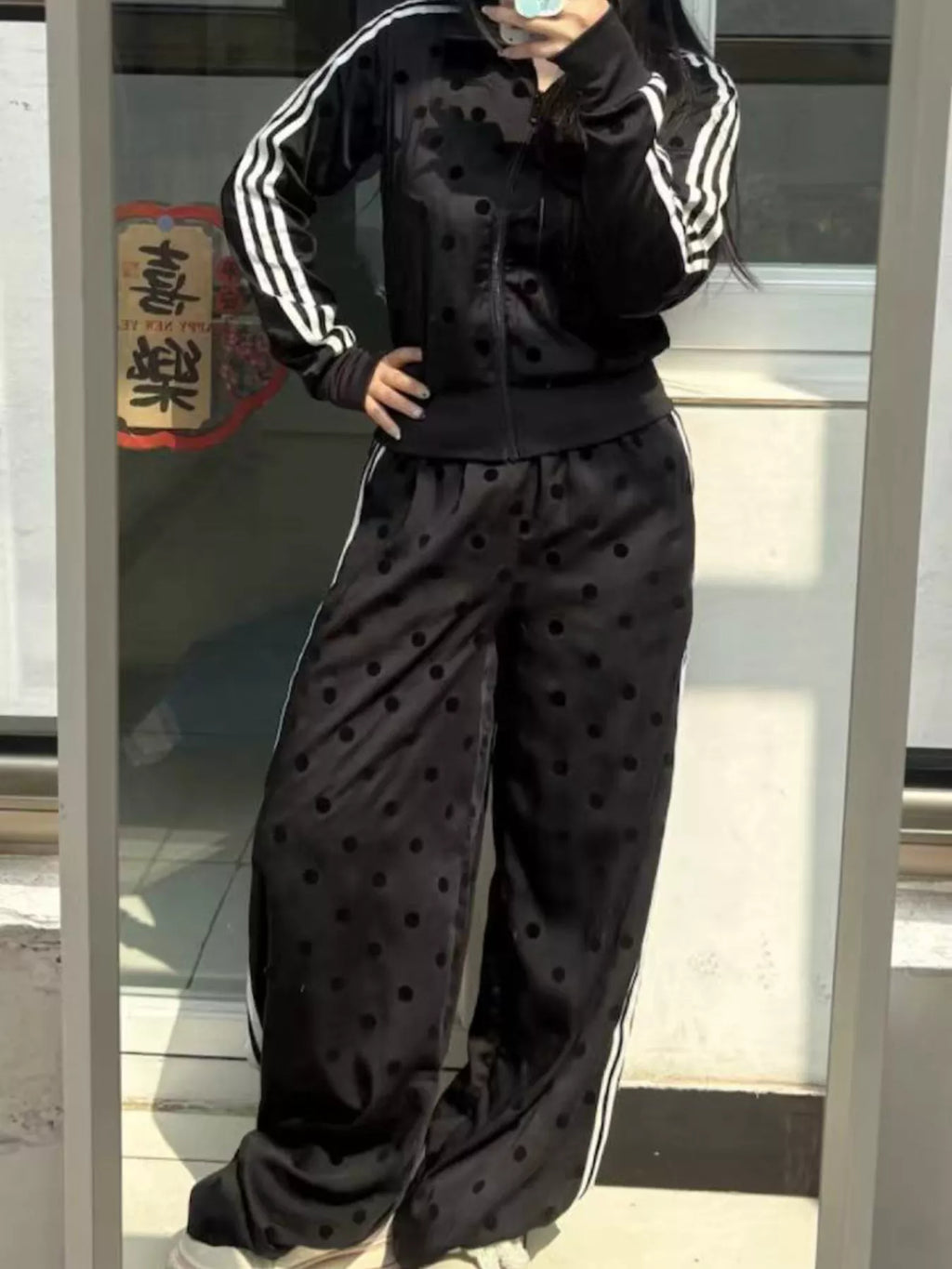 Polka Dot Side Striped Outerwear and Pants Set