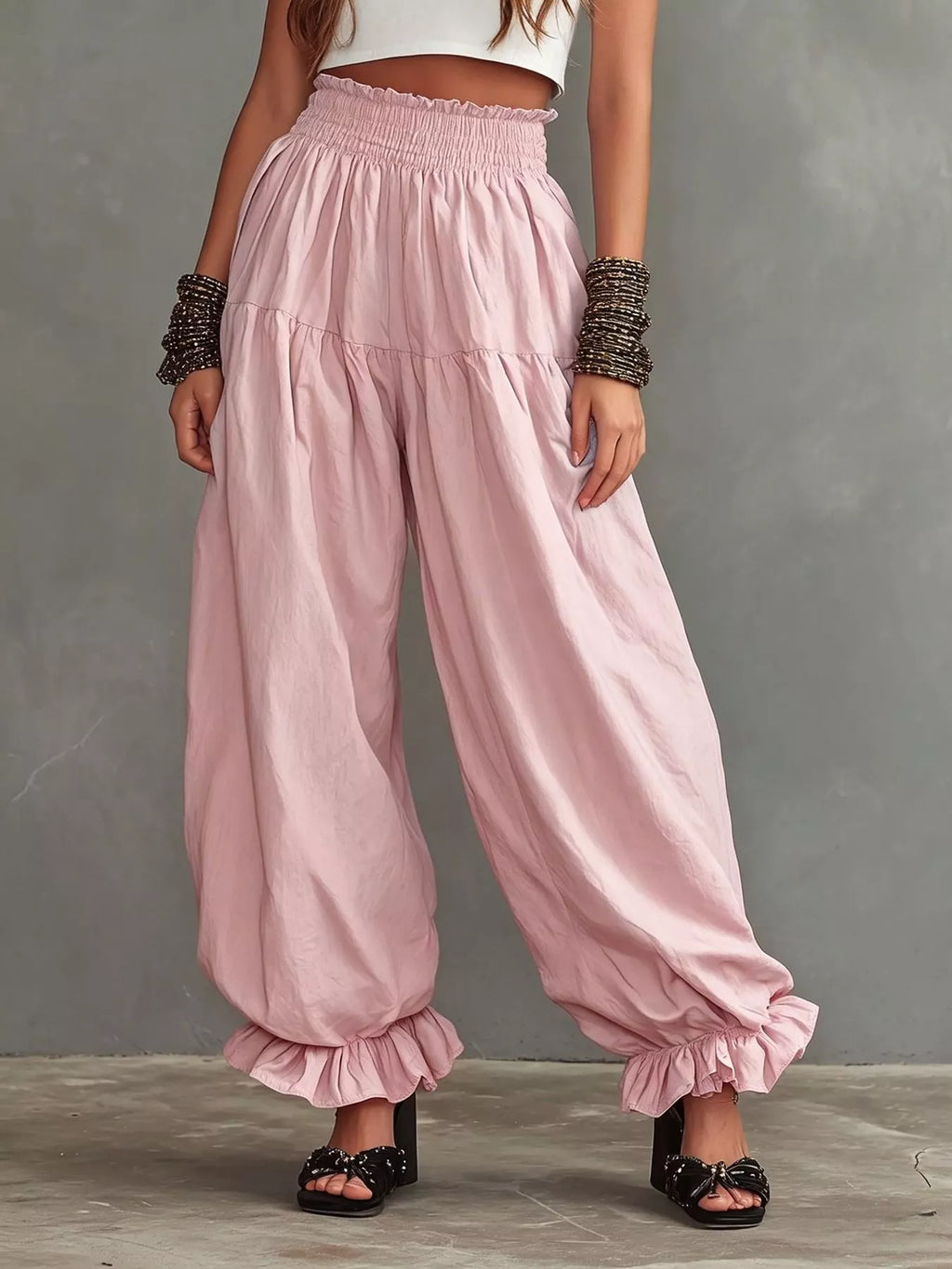 Full Size Smocked Ruffle Hem Wide Leg Pants Plus Size