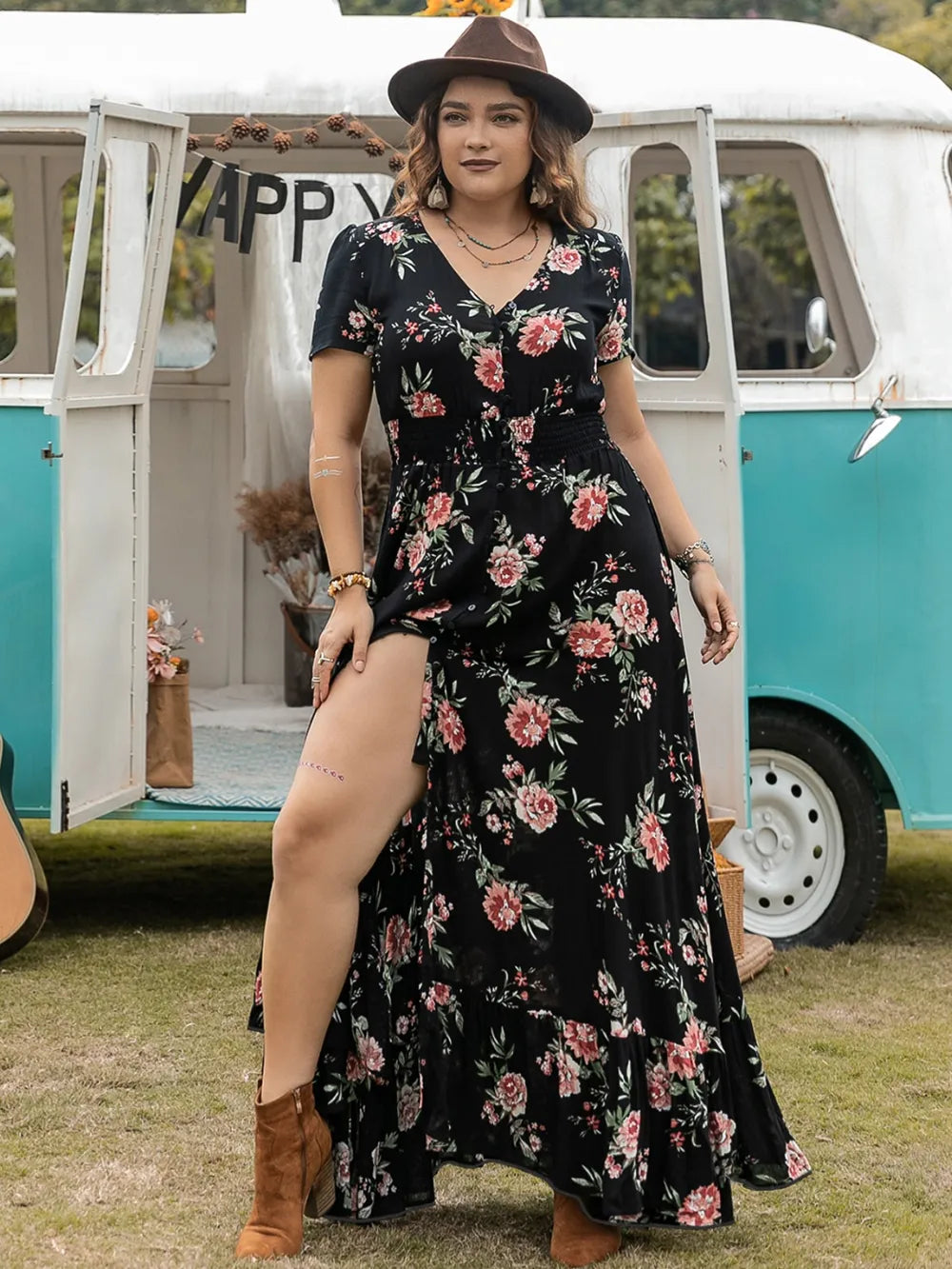 Button Detail Printed V-Neck Short Sleeve Maxi Dress