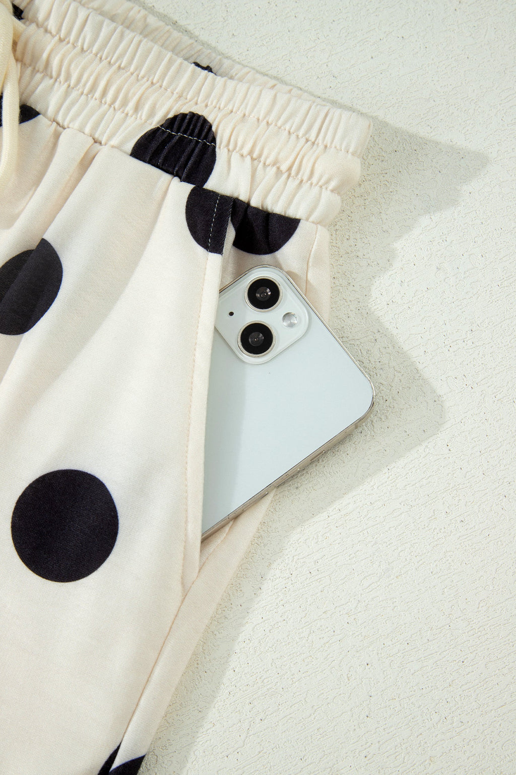 Beige Polka Dot Print V Neck Tee Short Set