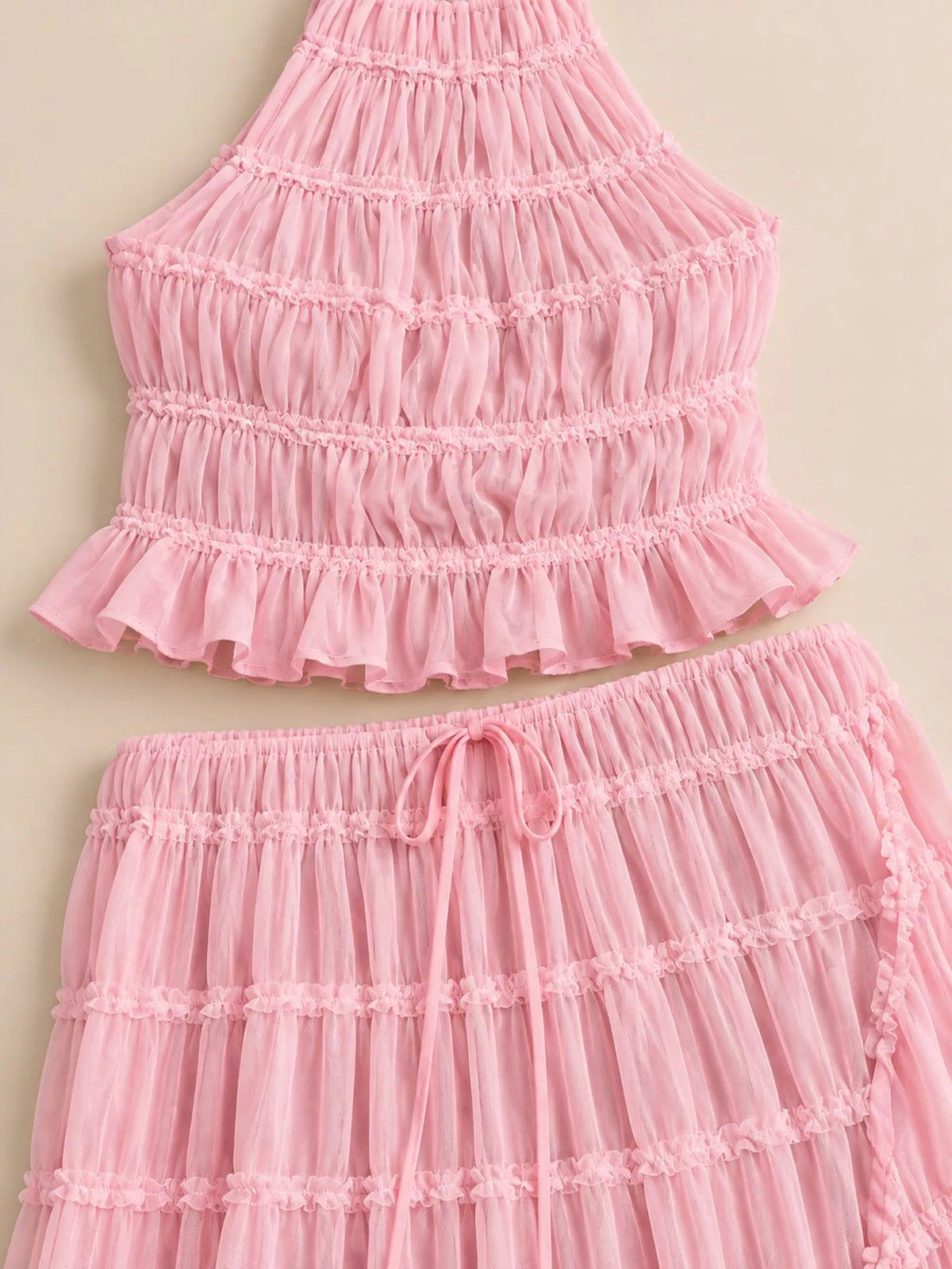 Boho Chic Ruffled Halter Crop Top and Maxi Skirt Set