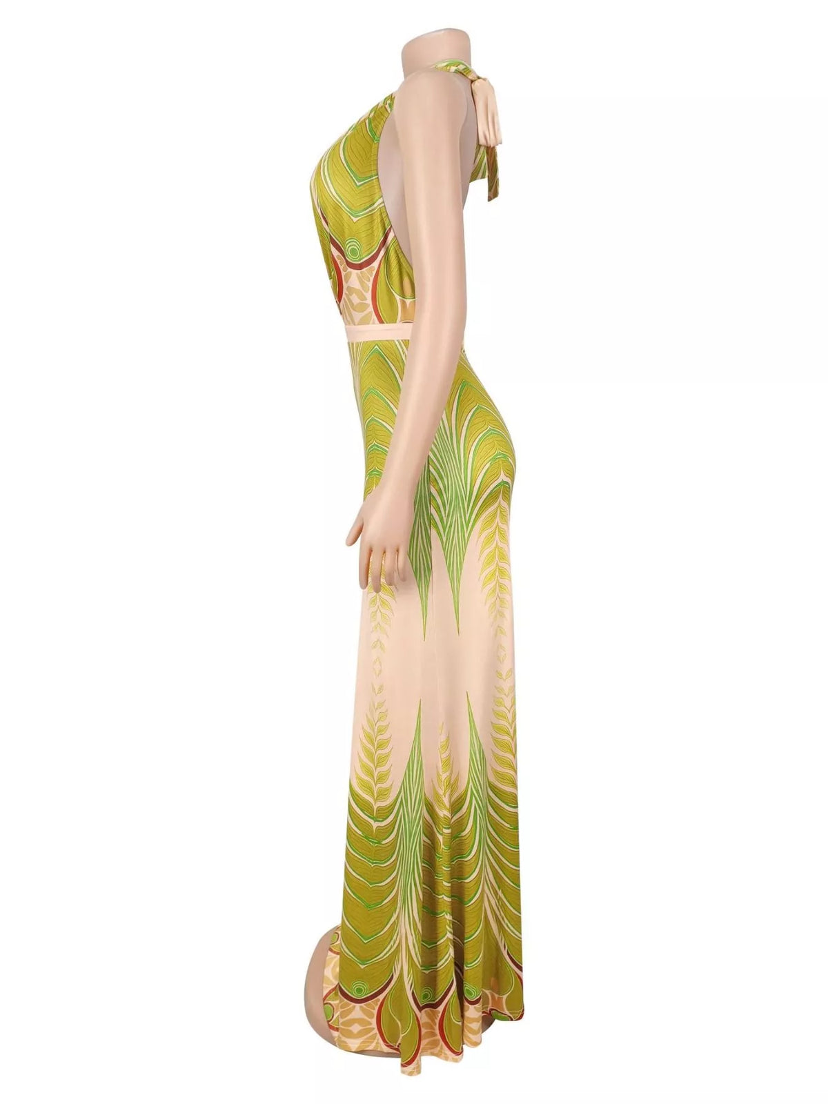 Elegant Halter Neck Maxi Dress with Gradient Leaf Print