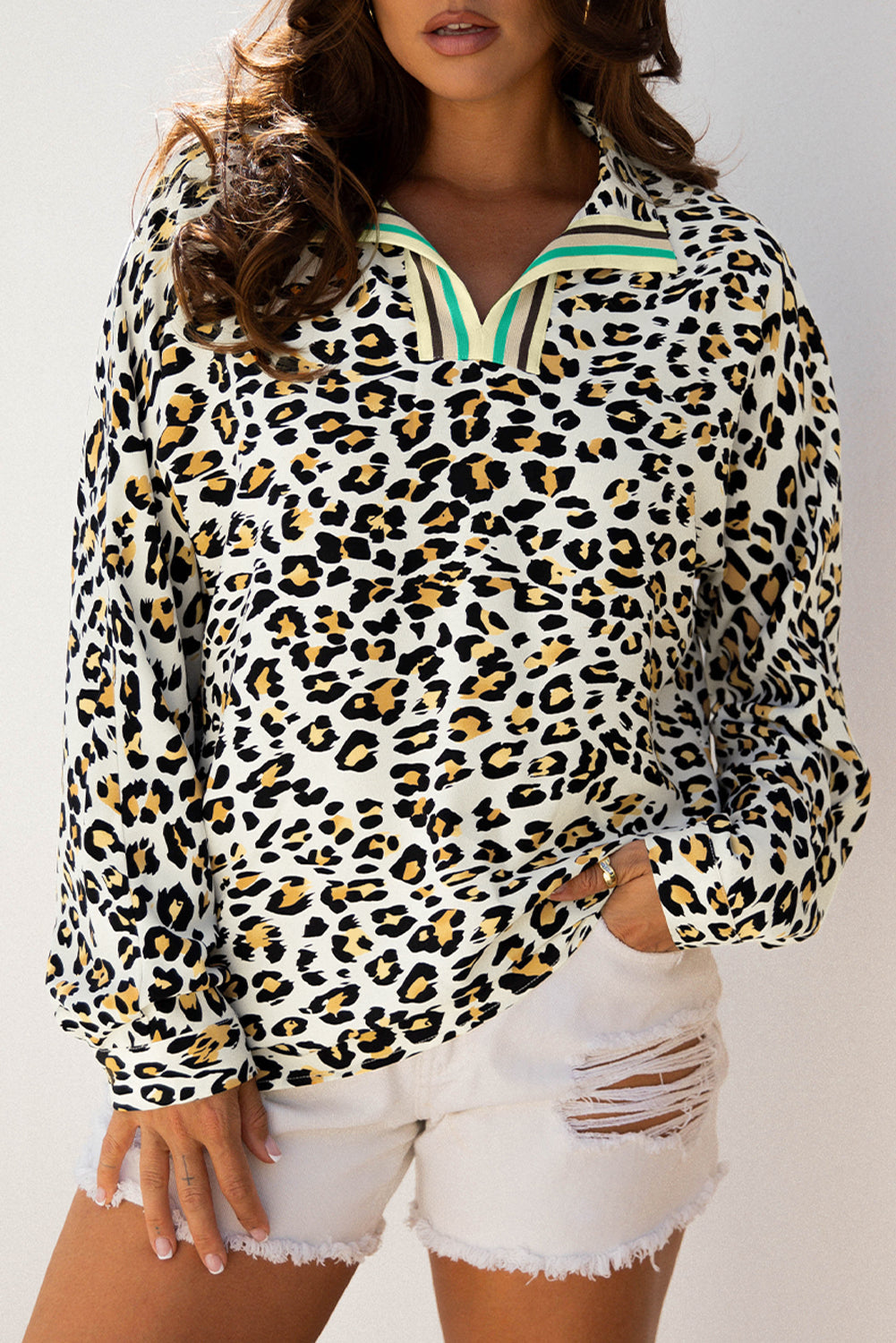 Leopard Contrast Stripe V-Neck Long Sleeve Blouse