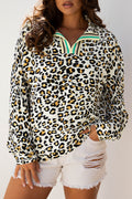 Leopard Contrast Stripe V-Neck Long Sleeve Blouse