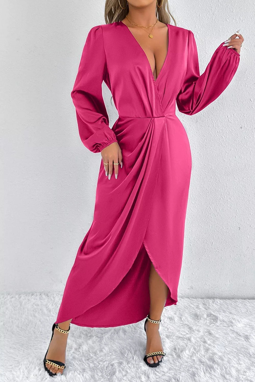 Satin Balloon Sleeve Midi Dress