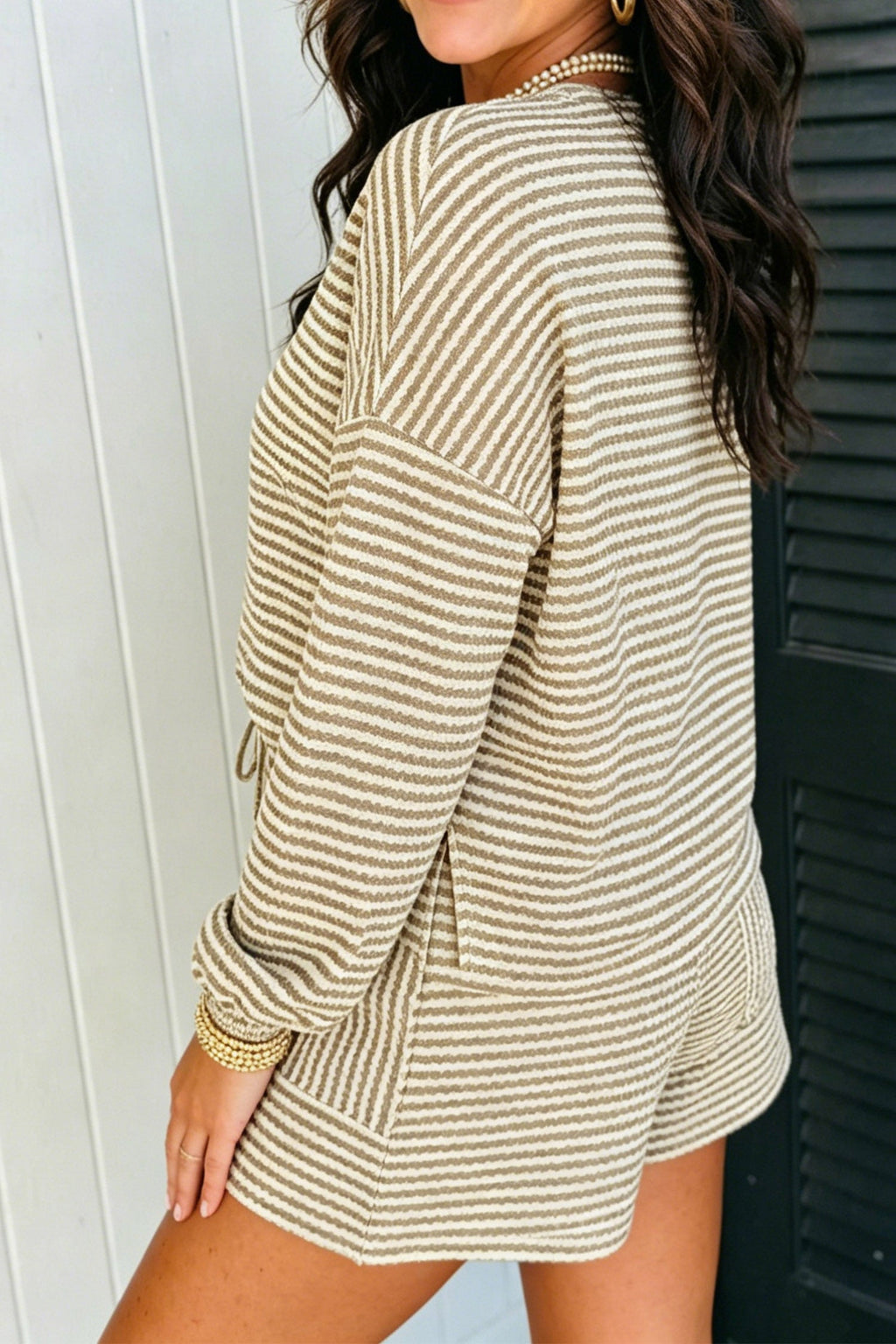 Brown Stripe Textured Knit Long Sleeve Top Elastic Waist Shorts Casual Outfit