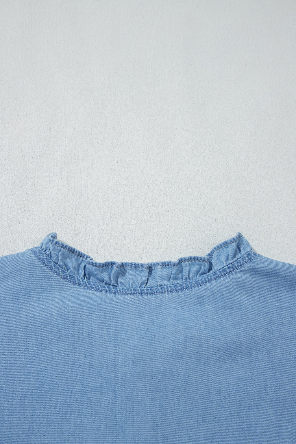 Beau Blue Western Ruffle V Neck Long Sleeve Chambray Blouse