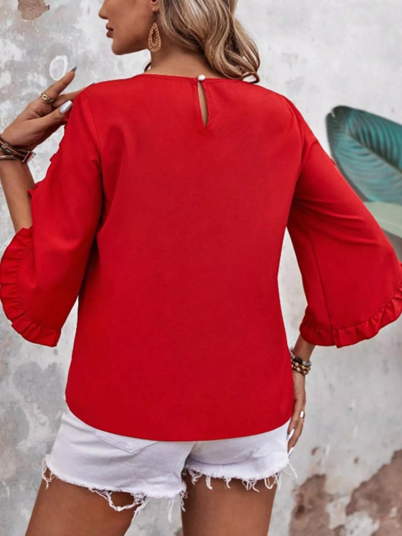 Ruffle Sleeve Solid Color Blouse
