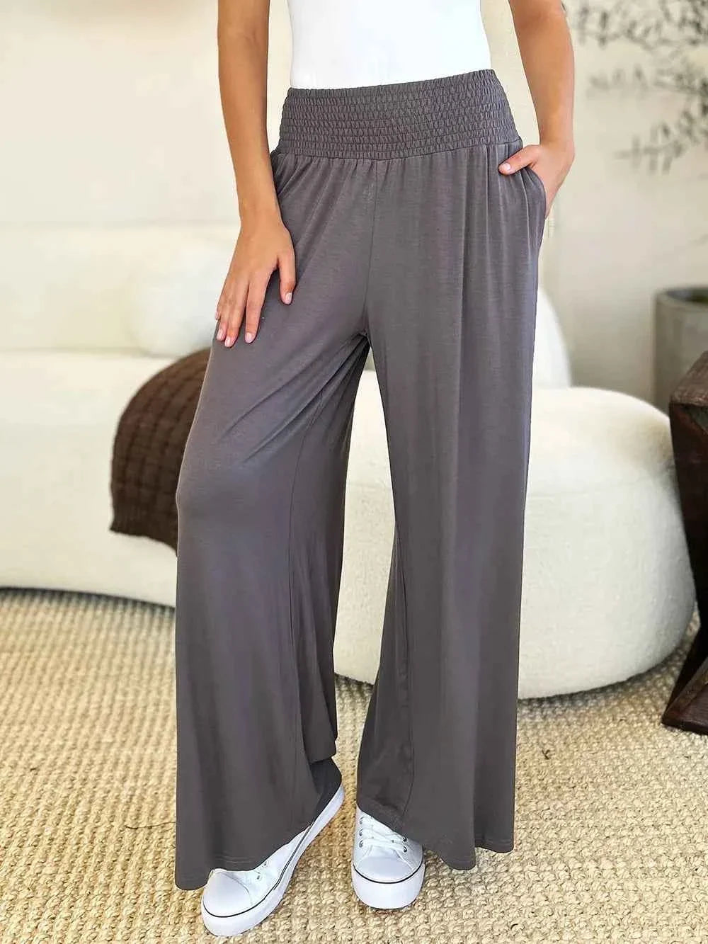 Smocked Wide Waistband Wide Leg Palazzo Pants