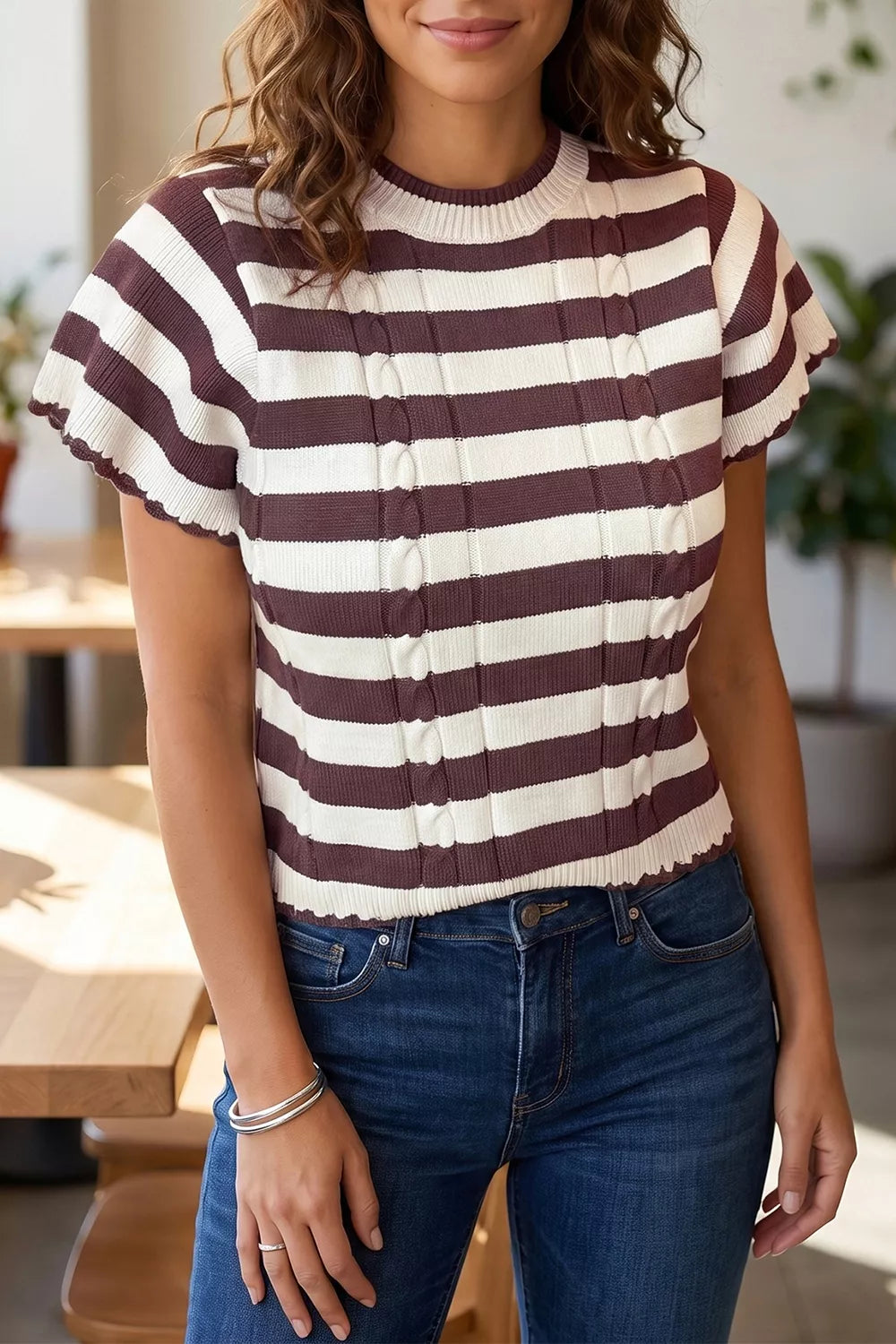 Stripe Ribbed Knit Cable Detail Short Sleeve Sweater