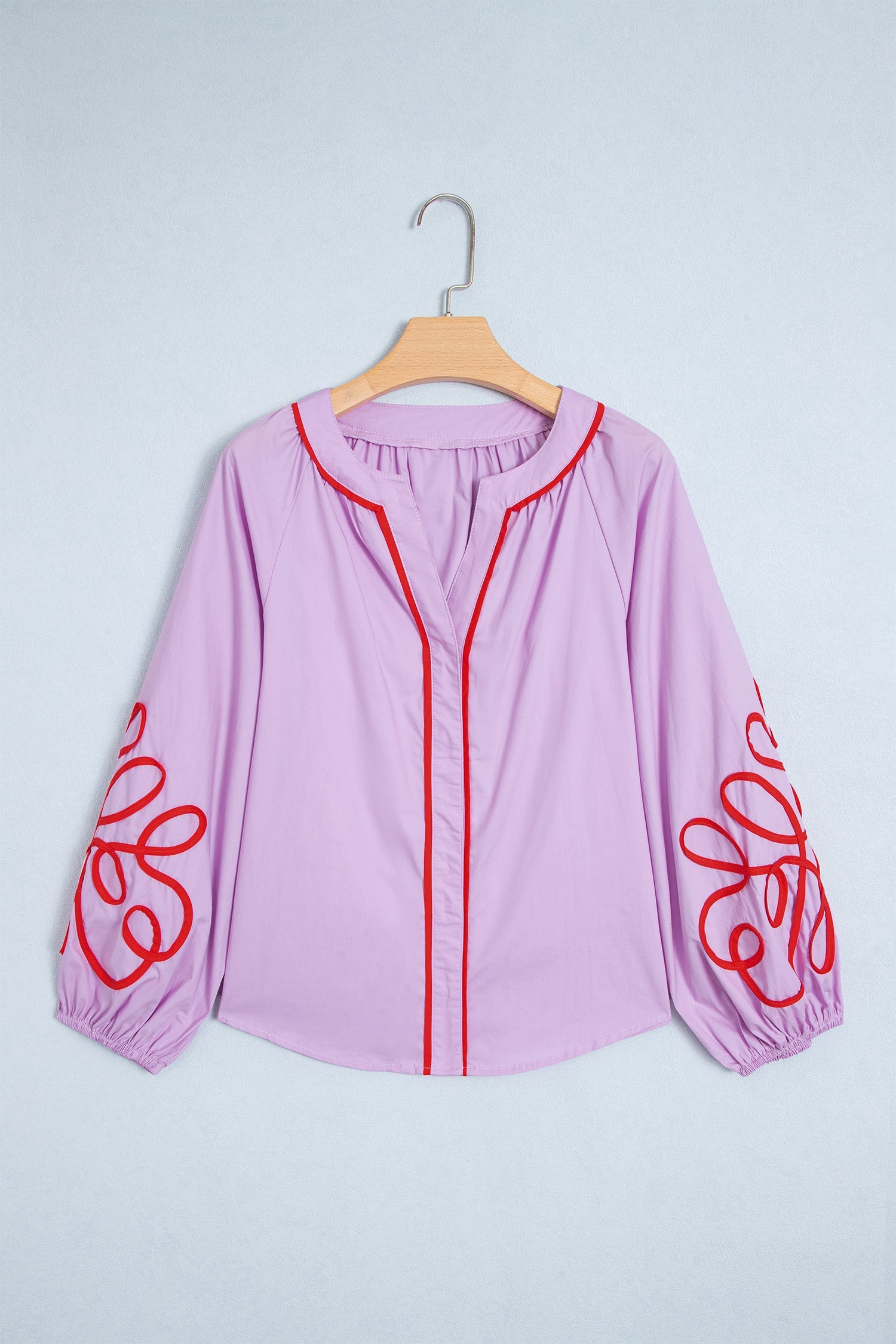Orchid Bouquet Contrast Detail Long Sleeve Decorative Neckline Cotton Blouse