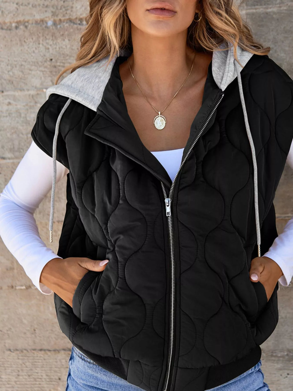 Quilted Drawstring Hooded Zip Up Puffer Vest