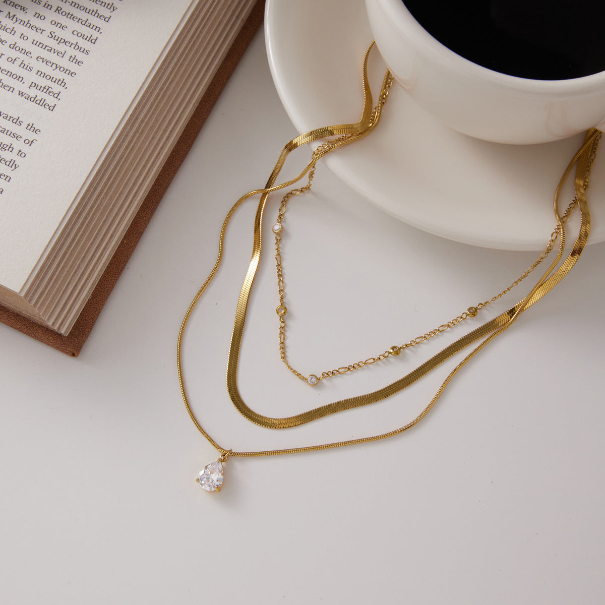 Layered Teardrop Zircon Necklace