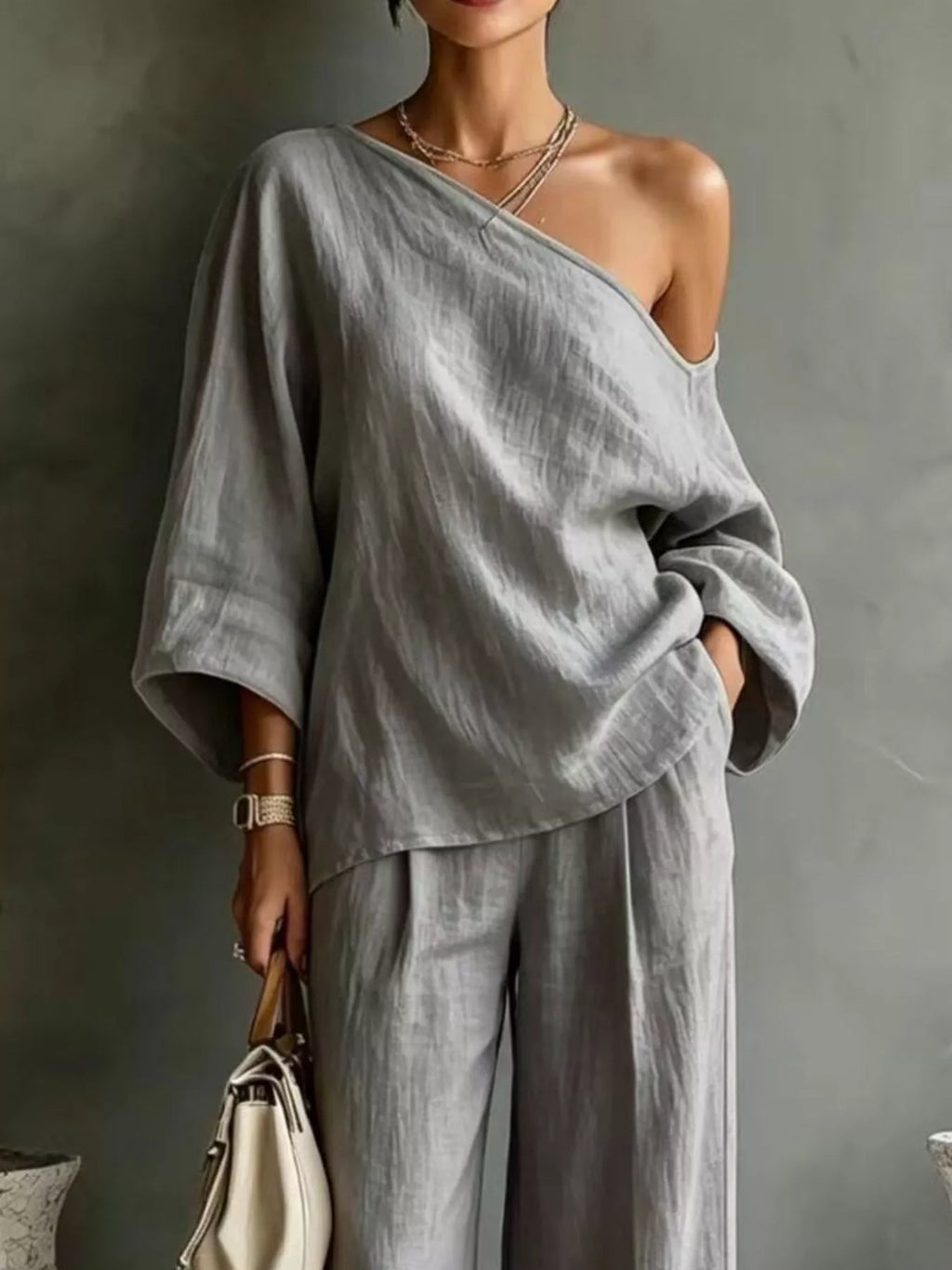One Shoulder Top and Wide Leg Pants Set