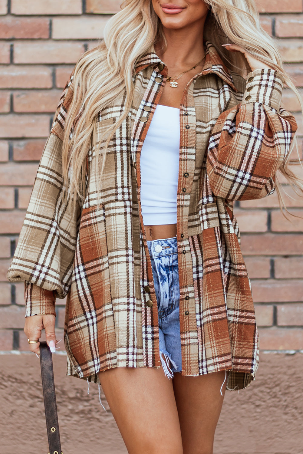 Plaid Colorblock Patchwork Snap Buttoned Shacket