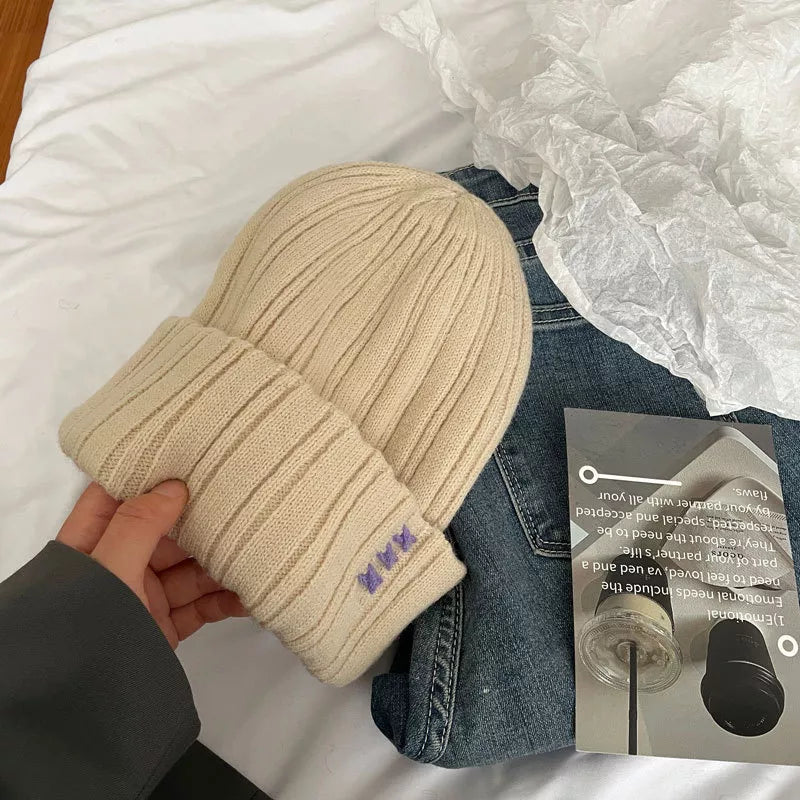 Knitted Beanie Hat with Embroidered Detail