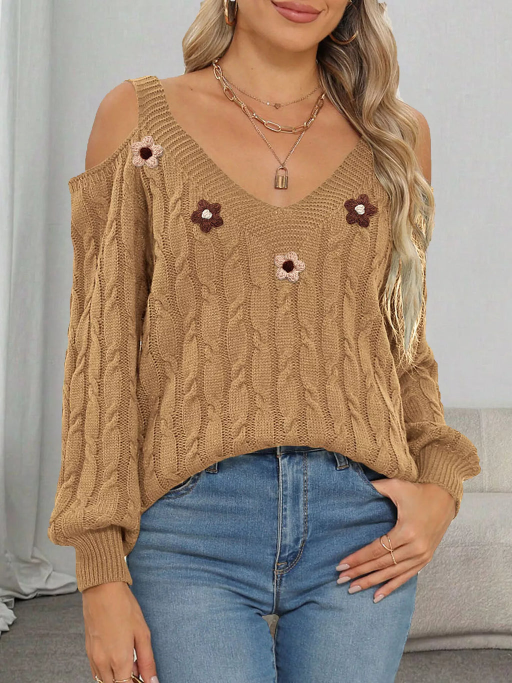 Floral Applique Cold Shoulder Cable Knit Sweater
